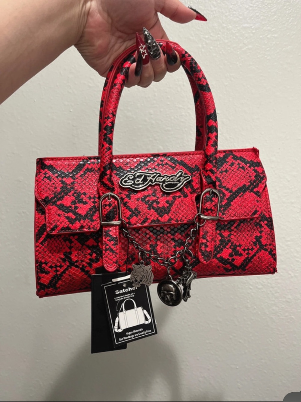 Ed Hardy Red and Black Snakeskin-Print Satchel